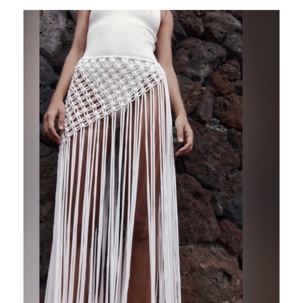 Zara Pareo Macrame Skirt Boho Coverup Western Fringe Shawl One Size